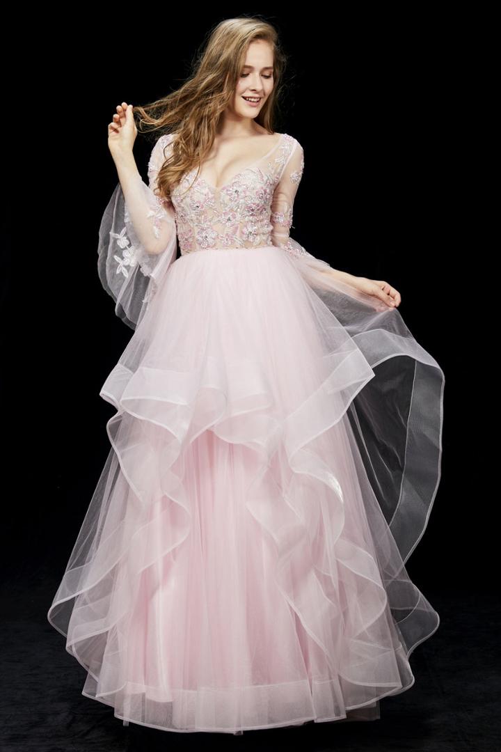 Angela And Alison - 81011 Quarter Sleeve Flounce Illusion Ballgown