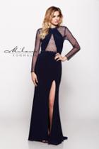 Milano Formals - Sheer Bodice Long-sleeved Illusion Evening Gown E2100