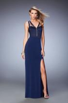 La Femme - 22301 Satin V-neck Sheath Dress