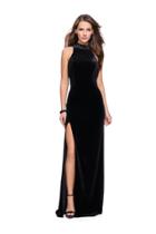 La Femme - 25559 High Neckline Velvet Fitted Gown With Side Slit