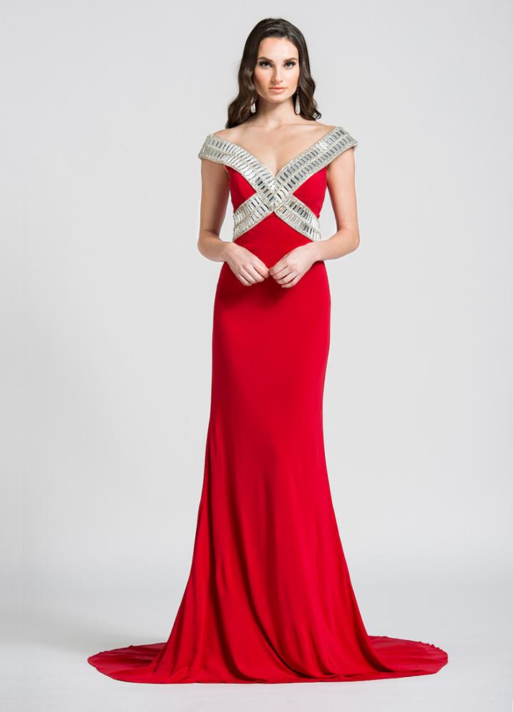 Ashley Lauren - 1055 Beaded Off Shoulder Evening Dress