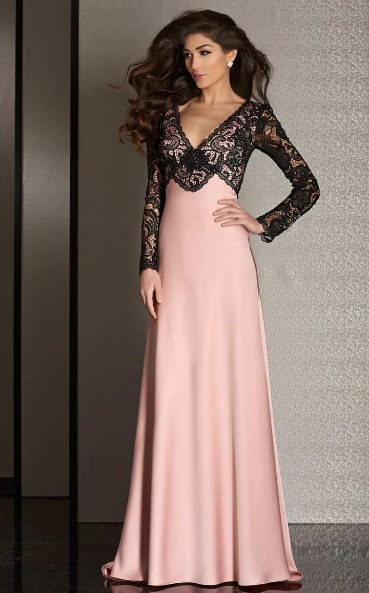 Clarisse - M6222 Lace Sleeved V-neck Dress