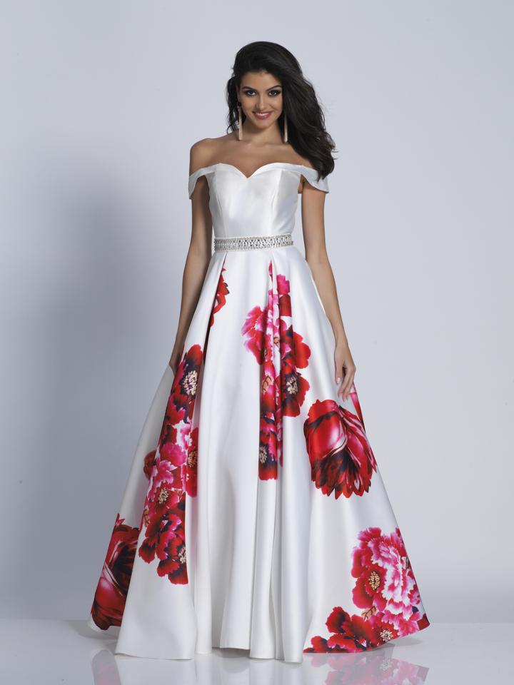 Dave & Johnny - A5604 Folded Off Shoulder Floral Dress