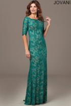 Jovani - Embellished Quarter Length Sleeve Bateau Neck Sheath Dress 25460