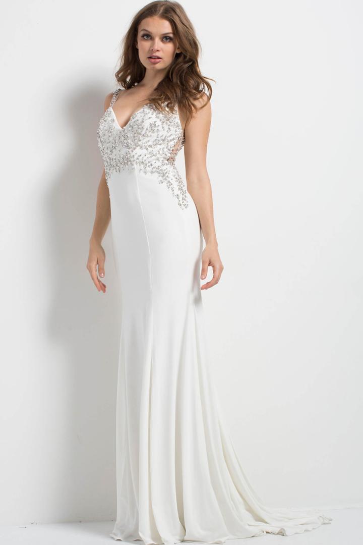 Jovani - 48947 Embellished Deep V-neck Dress