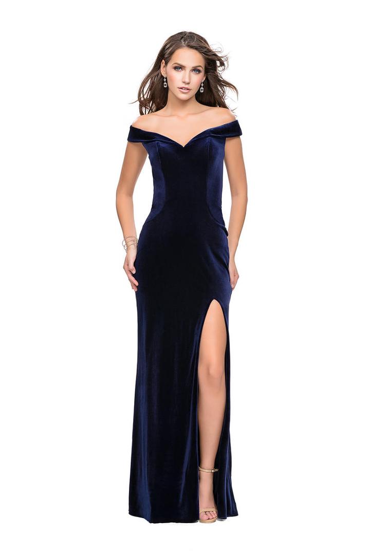 La Femme - 25400 Fold-over Off Shoulder High Slit Velvet Gown