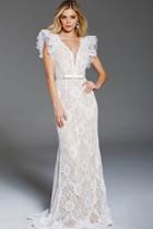 Jovani - 60314 Butterfly Sleeve Plunging Intricate Lace Gown
