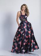Dave & Johnny - 3419 Floral Printed Deep V-neck A-line Dress