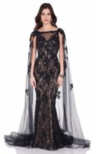 Terani Couture - Beaded Floral Laced Bateau Neck Fit And Flare Gown With Sheer Cape 1623e1670