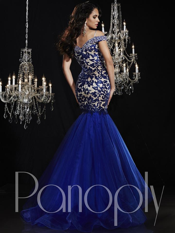 Panoply - Bejeweled Off Shoulder V Neck Trumpet Evening Gown 14752