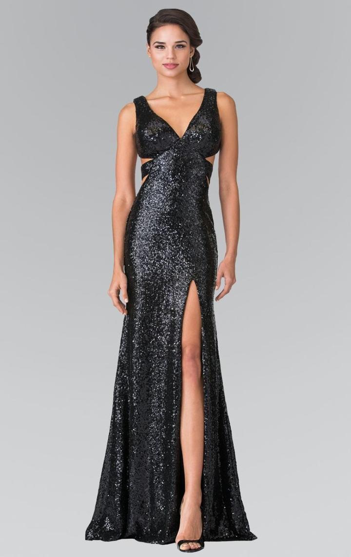 Elizabeth K - V Neck Long Dress With Slit Gl2300