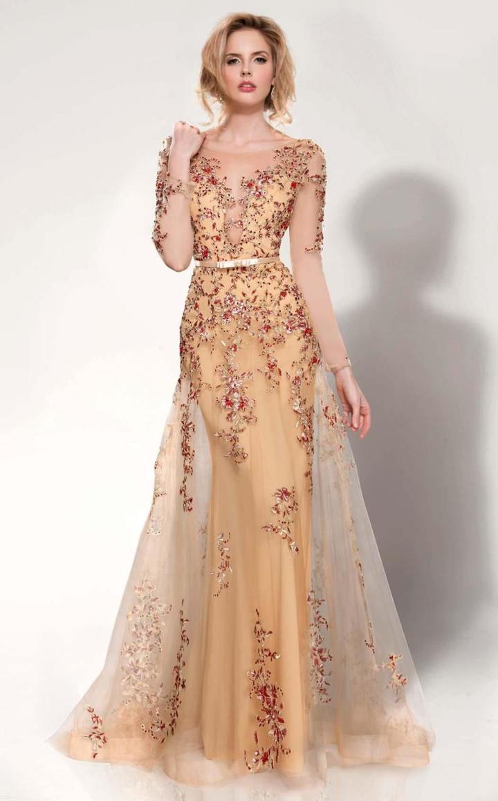 Mnm Couture - Embellished Illusion Bateau A-line Gown 9621w