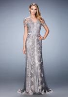 La Femme - 21897 Short Sleeved Lace Embroidered Evening Gown