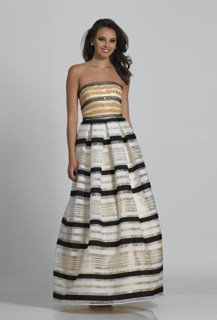 Dave & Johnny - A6034 Strapless Beaded Striped Evening Gown