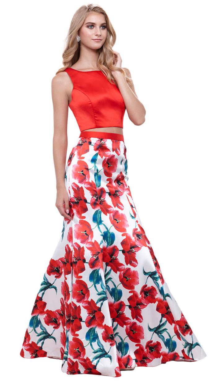 Nox Anabel - Two-piece Sleeveless Floral Printed Trumpet Dress 8313