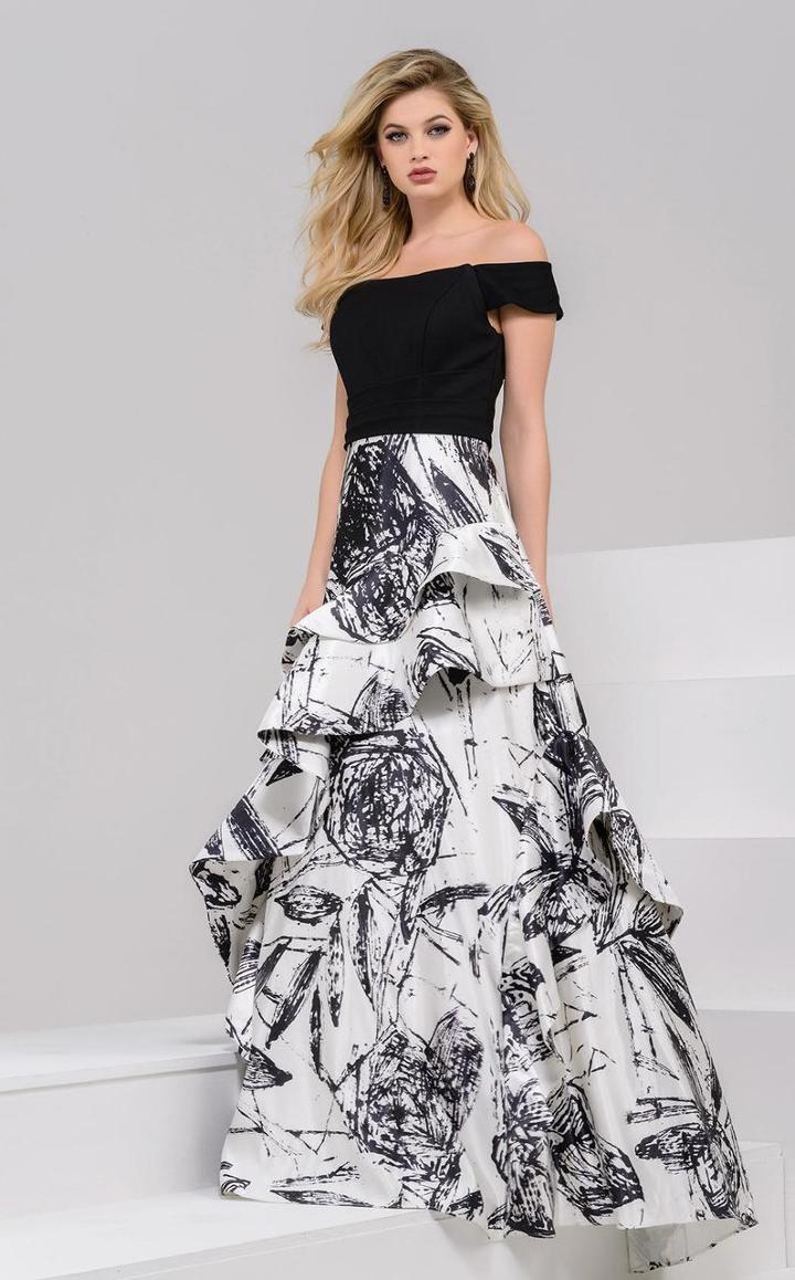 Jovani - Off Shouler Ruffle Cascade A-line Gown