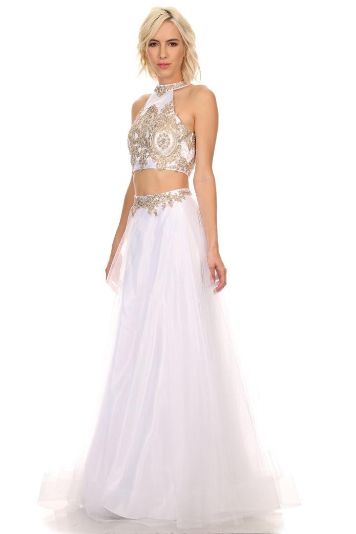 Sleeveless Two Piece Embellished Halter Crop Top Long Gown