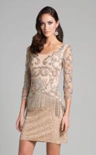 Lara Dresses - 33035 Sequined Quarter Length Sleeves Fringed Dress