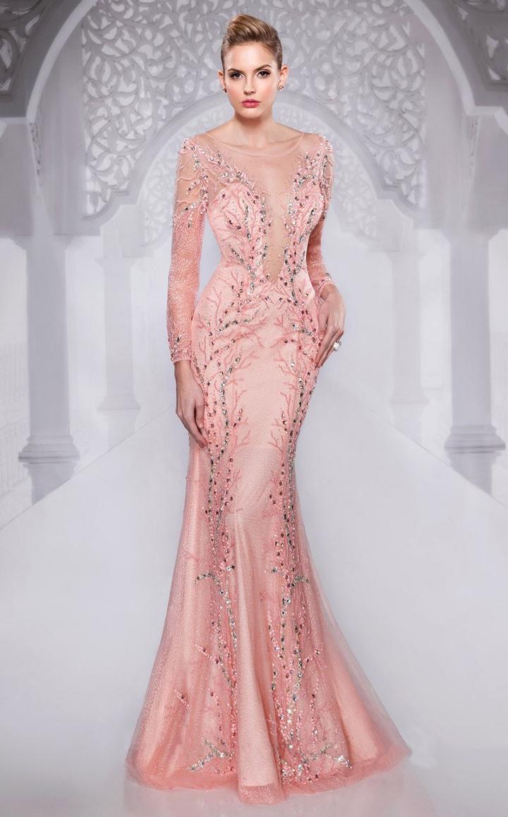 Mnm Couture - 9555w Crystal Embellished Long Sleeves Trumpet Gown