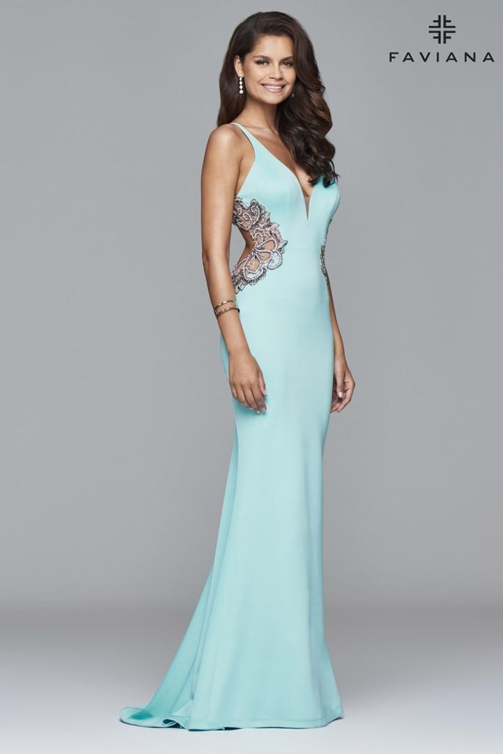 Faviana - S7916 Long Fitted Neoprene Dress With Beading At Side Waist