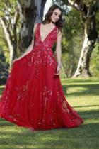 Shail K - 12110 Sequined Deep V-neck A-line Dress