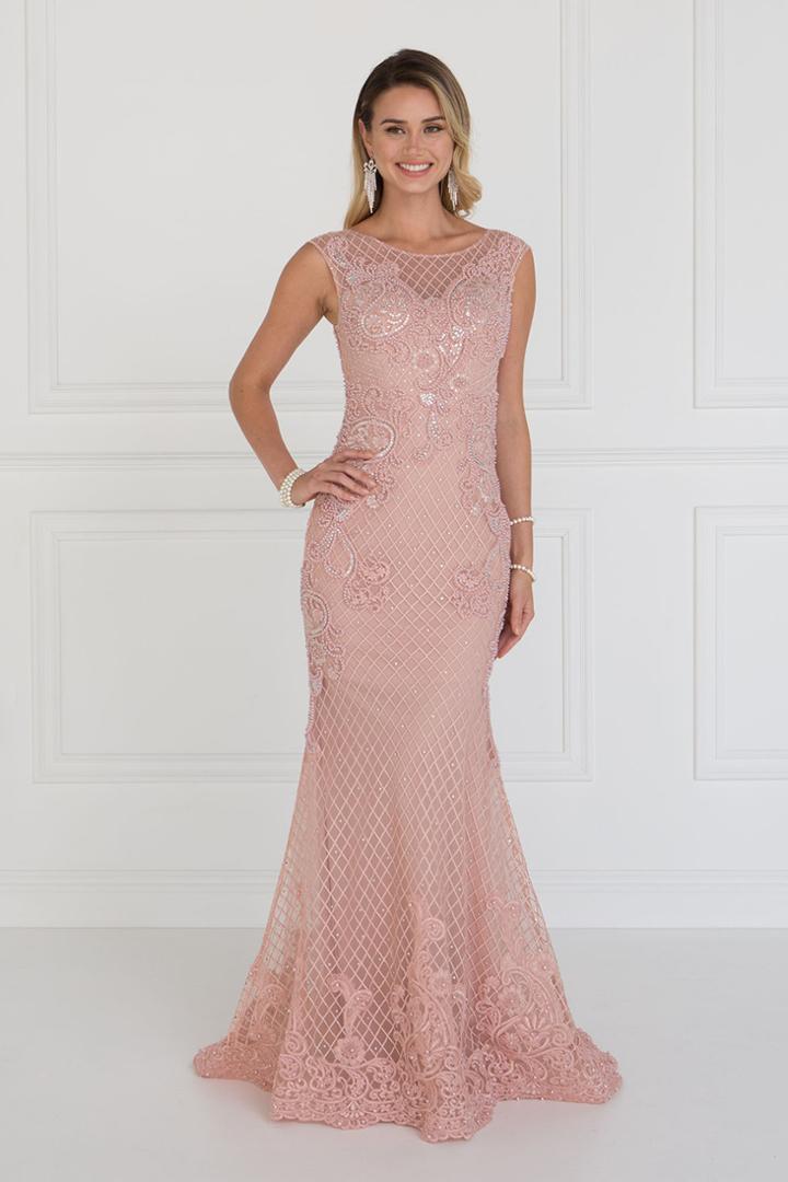Elizabeth K - Gl1536 Embellished Sheer Bateau Sheath Dress