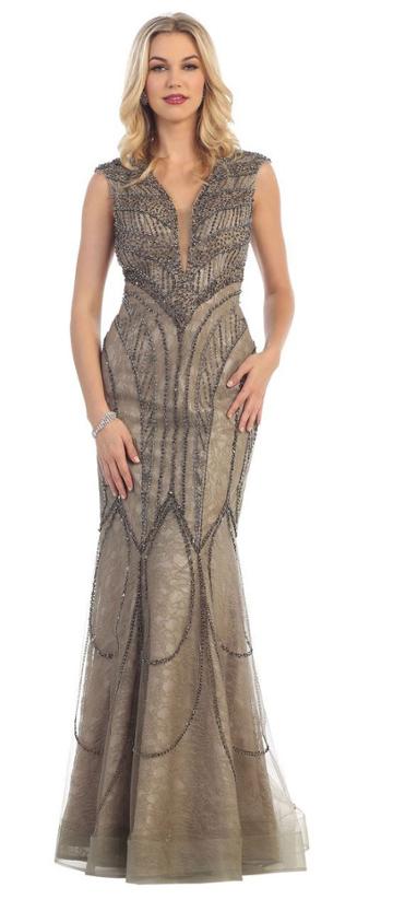 May Queen - Plunging V-neck Embellished Lace Mermaid Dress Rq7383