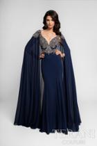 Terani Evening - Noble Bejeweled V-neck Fit And Flare Chiffon Dress With Cape 1713m3469