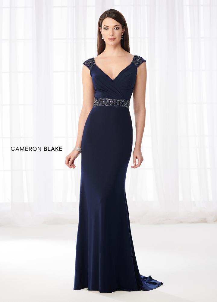 Cameron Blake - 218617 Beaded Cap Sleeve V Neck Evening Gown