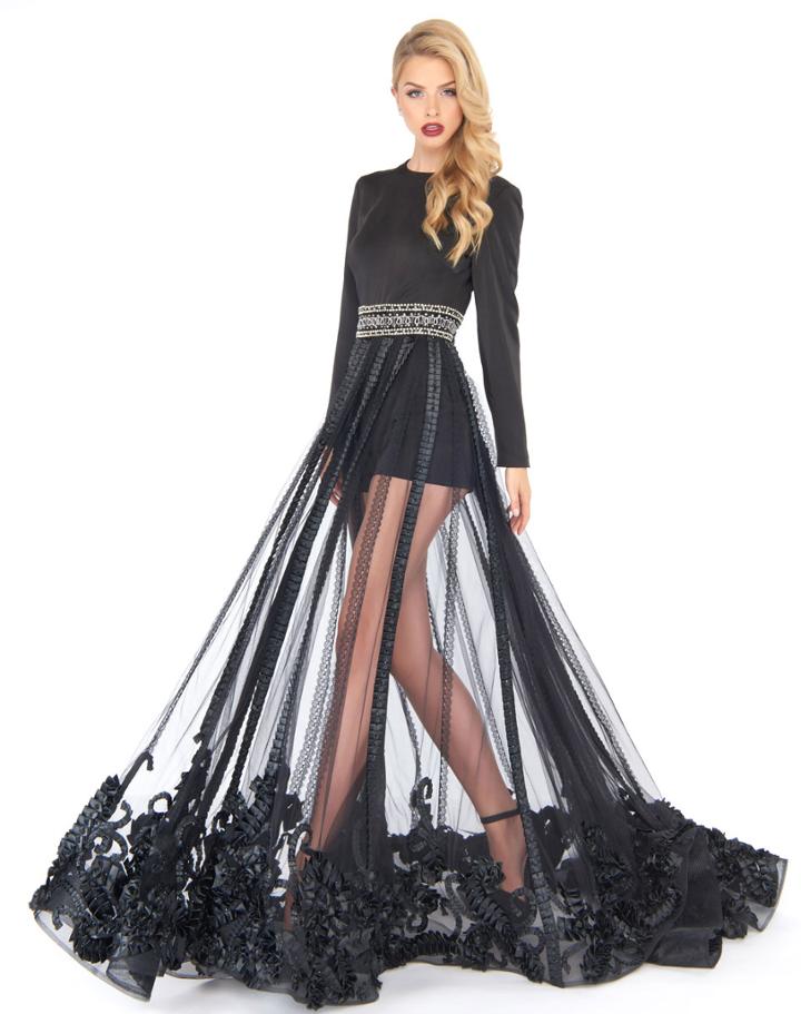 Mac Duggal - 80773r Long Sleeved Gown With Illusion Overskirt