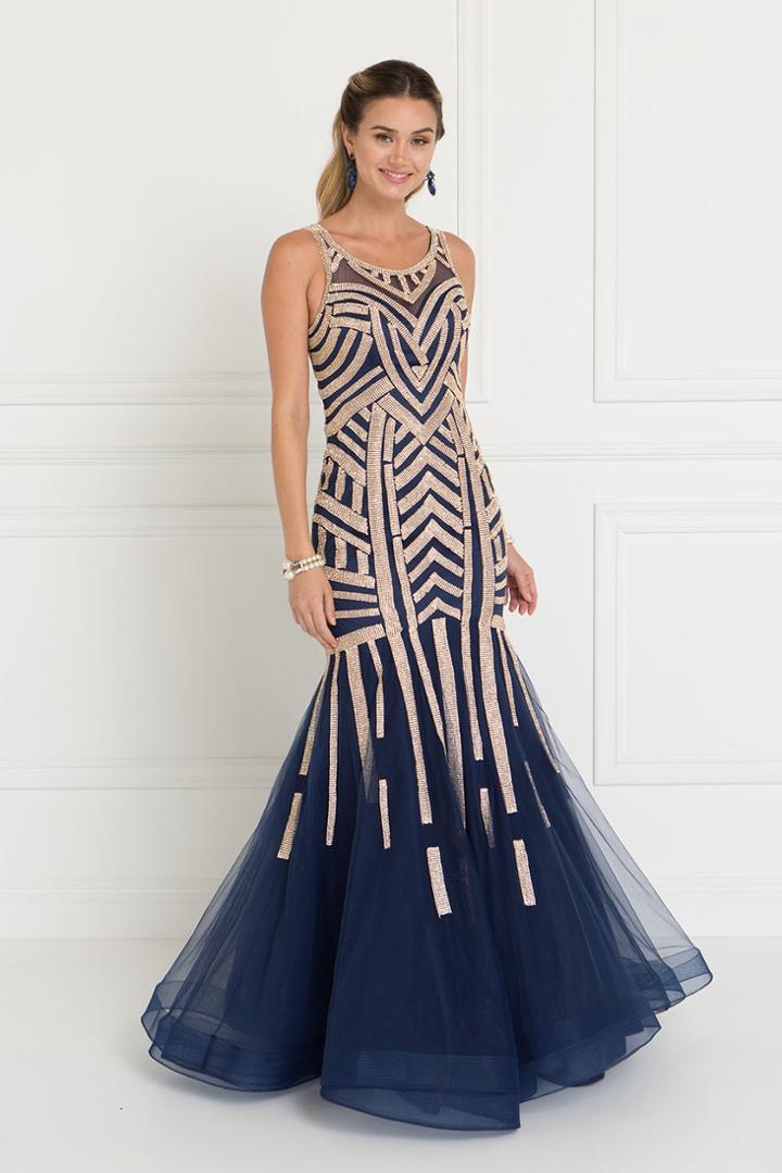 Elizabeth K - Gl1541 Bedazzled Sheer Scoop Trumpet Dress