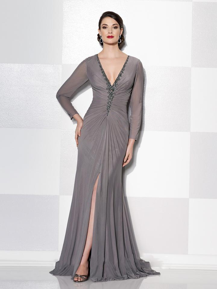 Cameron Blake - Long Sleeves V Neck Long Dress With Slit 215644