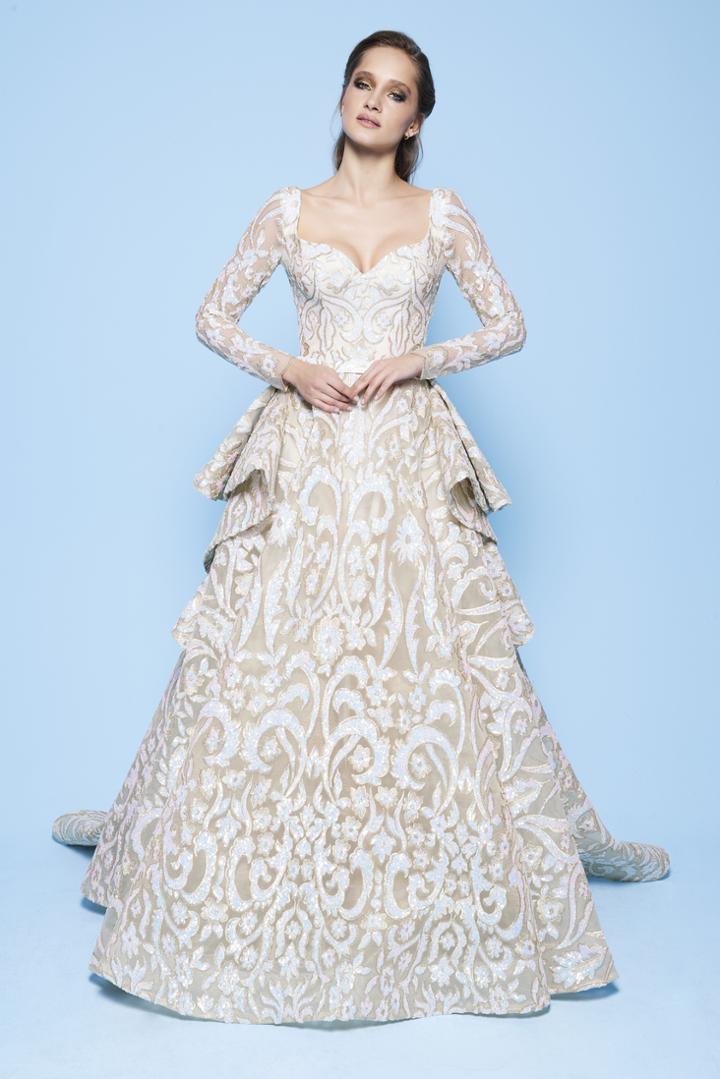 Mnm Couture - N0240 Long Sleeve Sequined Floral Ballgown