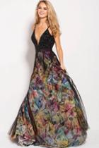 Jovani - 58685 Beaded V Neck Abstract Printed Prom Gown
