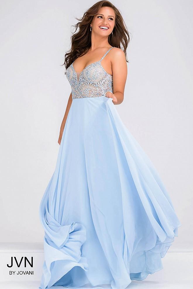 Jovani - Beaded Bodice Open Back Chiffon Dress Jvn33701