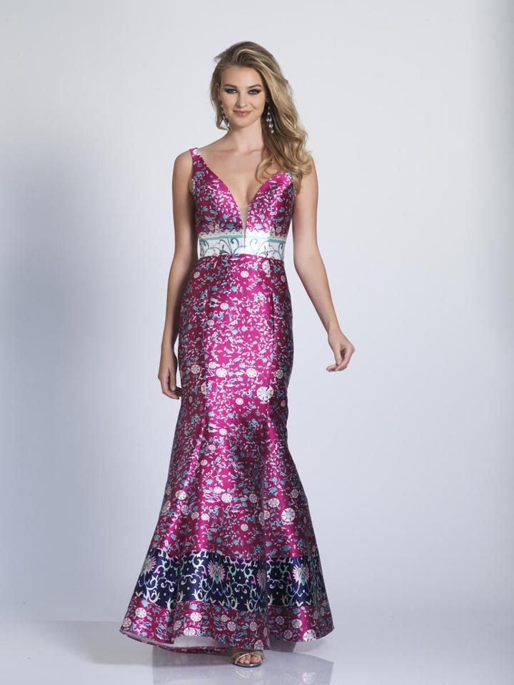 Dave & Johnny - 3199 Multi-colored Print Deep V-neck Trumpet Dress