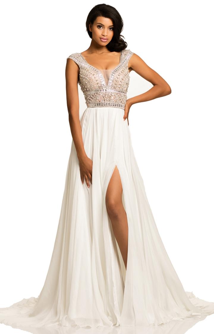 Johnathan Kayne - 8018 Cap Sleeved V-neck A-line Chiffon Gown