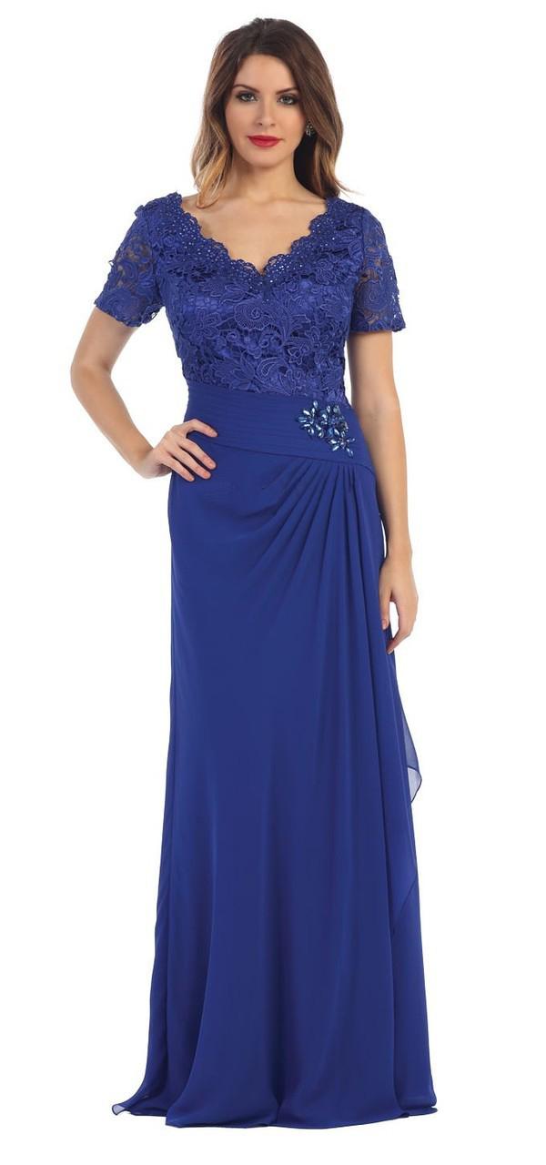 May Queen - Laced Quarter Length Sleeve V-neck Chiffon A-line Dress Mq1229