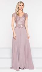 Marsoni By Colors - M243 Short Sleeve Embroidered Peplum Chiffon Gown