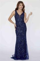 Jolene Collection - 18343 Deep V-neck Beaded Sheath Gown