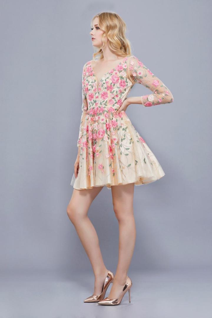 Nox Anabel - 6311 Long Sleeves Floral Embellished Short Dress