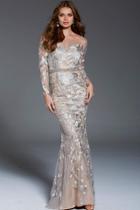 Jovani - 55707 Long Sleeve Embroidered Foliage Motif Gown