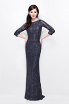 Primavera Couture - Sheer Quarter Sleeve Embellished Evening Gown 1719