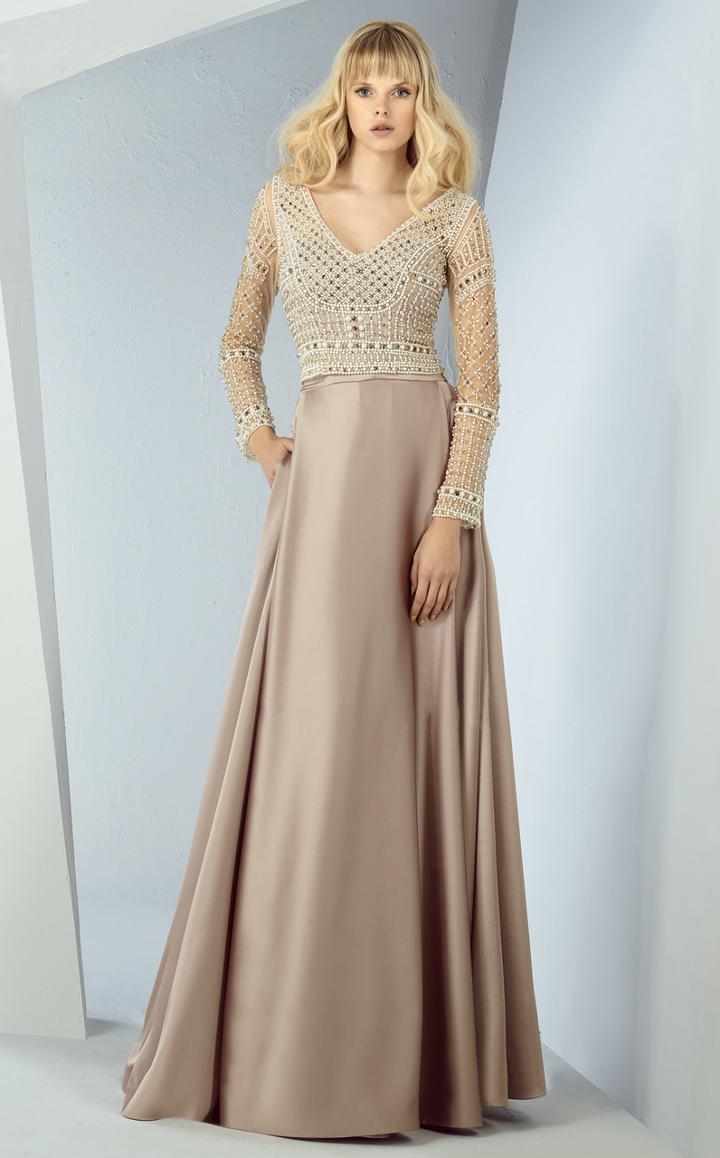Mnm Couture - G0833 Pearl Embellished Long Sleeves Dress