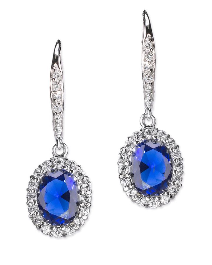 Cz By Kenneth Jay Lane - Sapphire Oval Pave Halo Pierced Earring