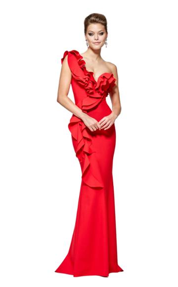 Tarik Ediz 93110 Lavish One Shoulder Ruffle Evening Gown - 1 Pc Black In Size 4 And 10, 1 Pc Red In Size 8, And 1 Pc Sax In Size 14 Available