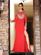 Bejeweled Long Sleeve Illusion Bateau Fit And Flare Dress