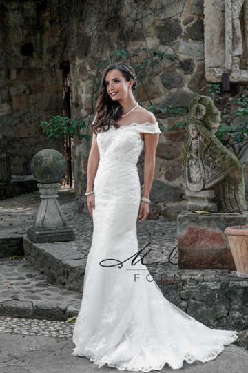 Milano Formals - Aa9318 Lace Scalloped Off-shoulder Wedding Gown