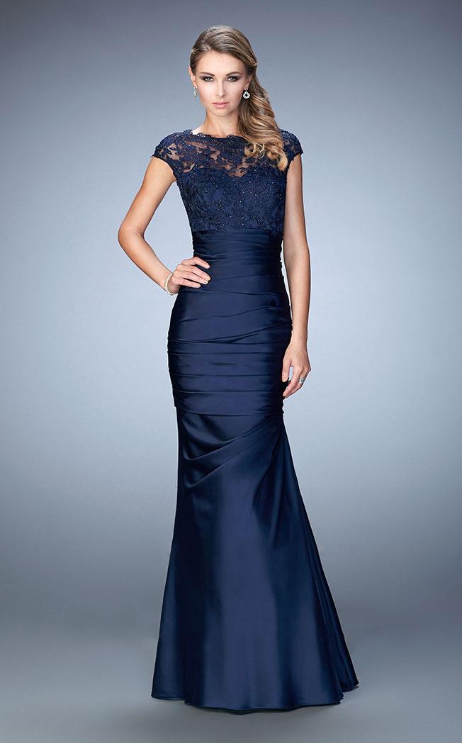 La Femme - 21961 Lace Sparkling Pleated Satin Gown