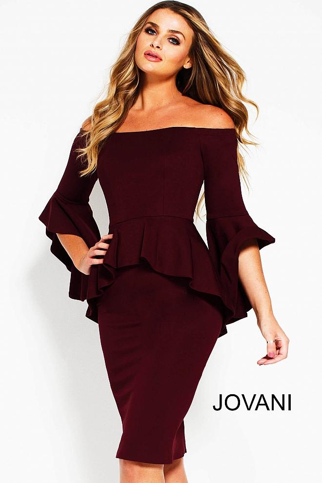 Jovani - 57290 Bell Sleeve Off-shoulder Peplum Sheath Dress